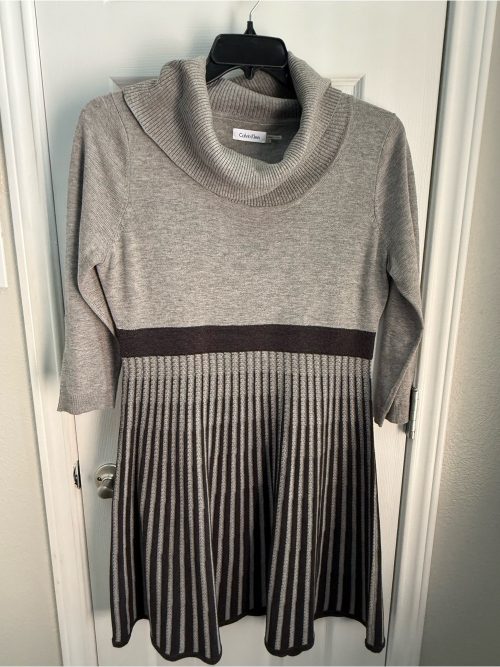 Calvin Klein Gray and Black Pleated Knit Dress